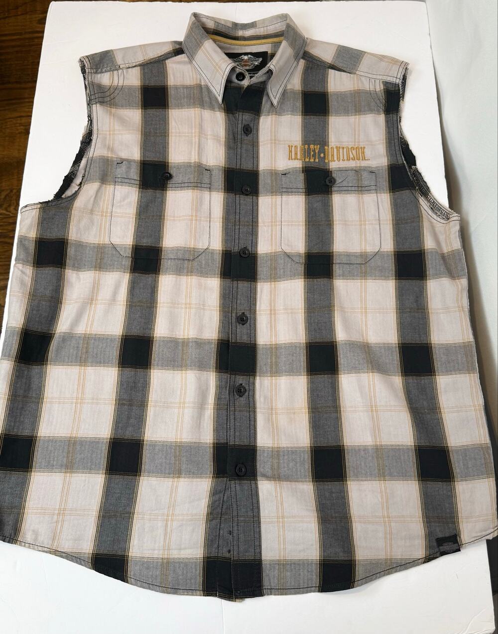 Harley Davidson MotorClothes Plaid Sleeveless Shirt Men's Large Gold Logo